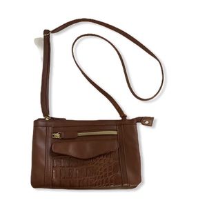 Faux brown leather and faux croc crossbody bag front zipper and front pocket